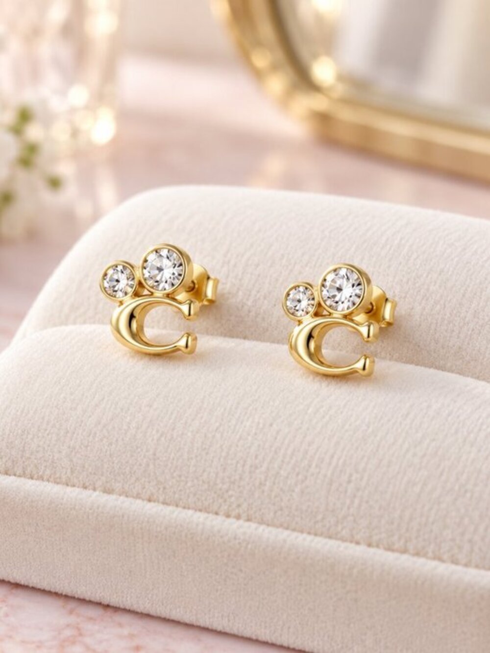 Coach Crystal C Logo Stud Earrings Gold Tone Signature Sparkle NWT